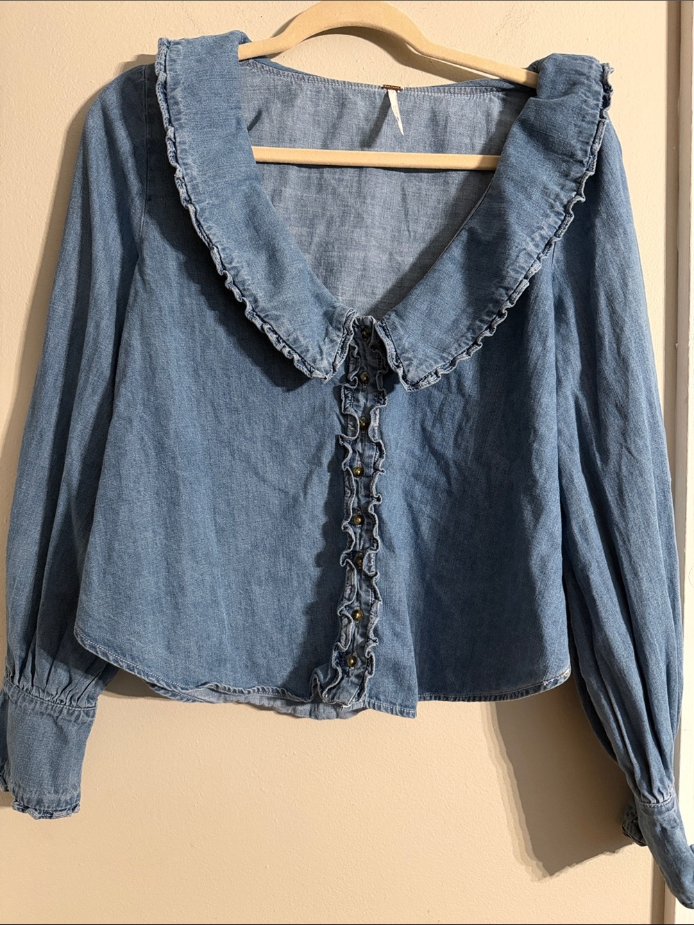 Free People Ruffled Trim Denim Chambray Shirt Top Light Blue Small